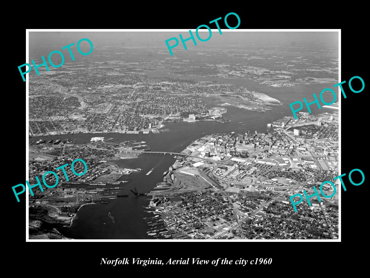 OLD LARGE HISTORIC PHOTO OF NORFOLK VIRGINIA, AERIAL VIEW OF THE CITY c1960 2