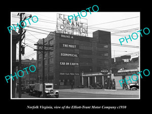 OLD LARGE HISTORIC PHOTO OF NORFOLK VIRGINIA, ELLIOTT TRANT MOTOR CAR Co c1930