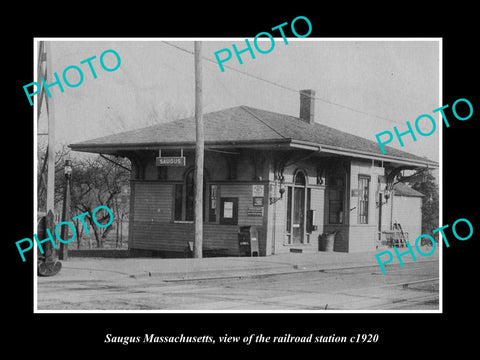 OLD LARGE HISTORIC PHOTO OF SAUGUS MASSACHUSETTS, THE RAILROAD STATION c1920