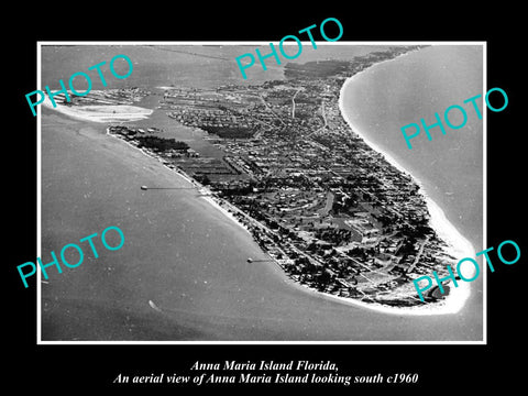 OLD LARGE HISTORIC PHOTO OF ANNA MARIA FLORIDA, AERIAL VIEW OF THE ISLAND c1960