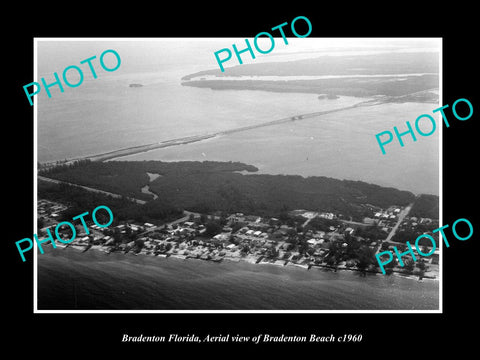 OLD LARGE HISTORIC PHOTO OF BRADENTON FLORIDA, AERIAL VIEW OF THE BEACH c1960