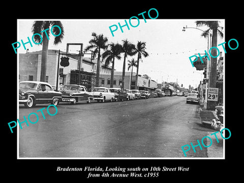 OLD LARGE HISTORIC PHOTO OF BRADENTON FLORIDA, VIEW OF 10th STREET & STORES 1955