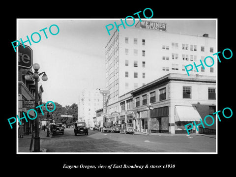 OLD LARGE HISTORIC PHOTO OF EUGENE OREGON, VIEW OF BROADWAY & STORES c1930