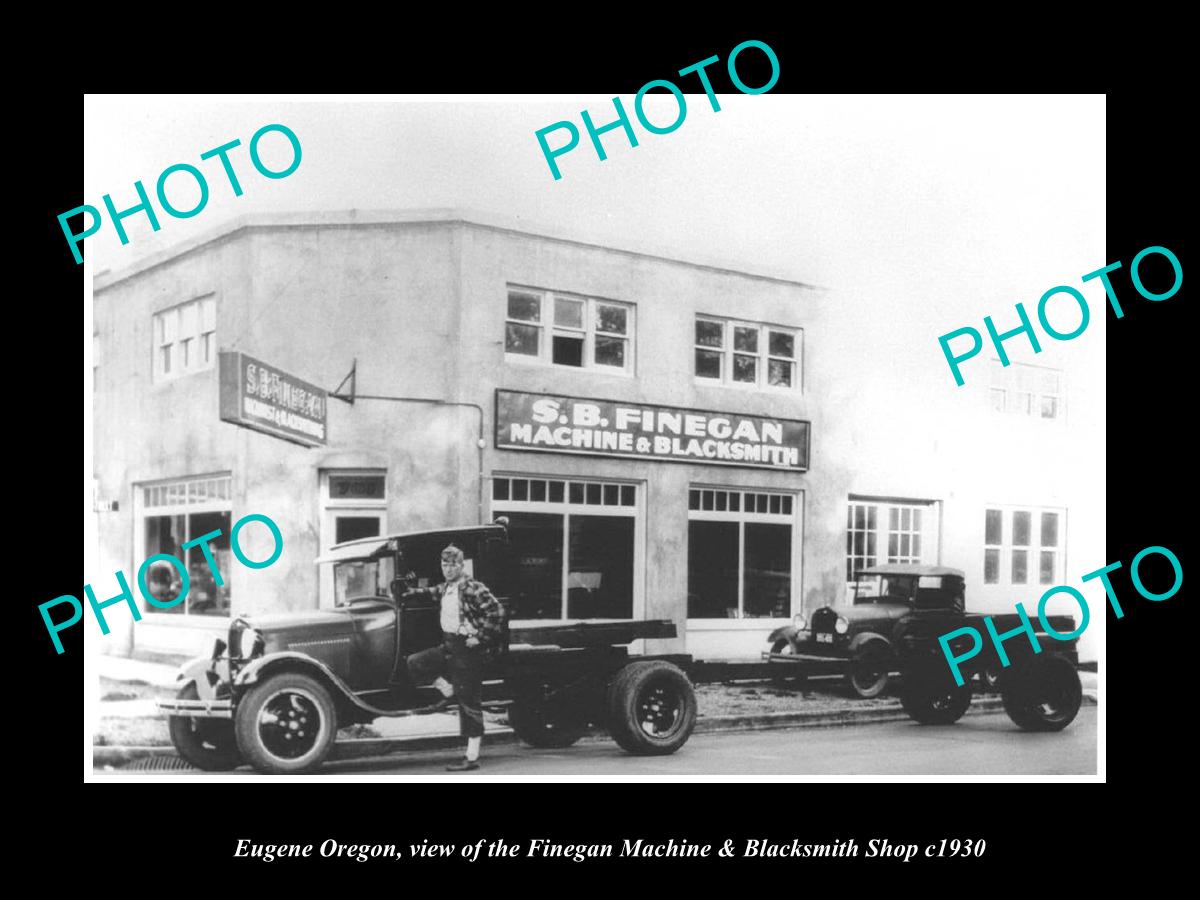 OLD LARGE HISTORIC PHOTO OF EUGENE OREGON, THE FINEGAN BLACKSMITH SHOP c1930