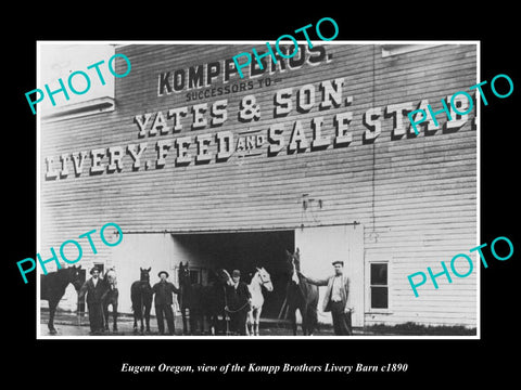 OLD LARGE HISTORIC PHOTO OF EUGENE OREGON, THE KOMPP HORSE LIVERY STABLES c1890