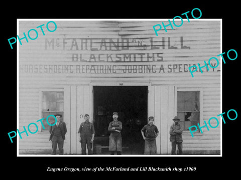 OLD LARGE HISTORIC PHOTO OF EUGENE OREGON, THE McFARLAND BLACKSMITH SHOP c1900