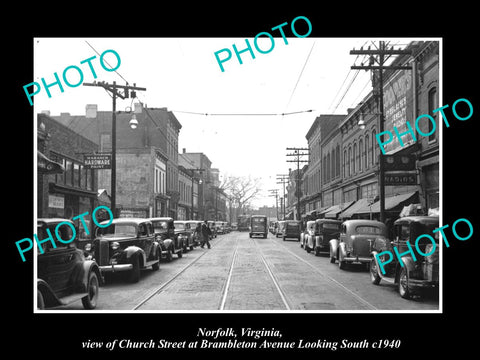 OLD LARGE HISTORIC PHOTO OF NORFOLK VIRGINIA, VIEW OF CHURCH ST & STORES c1940 1