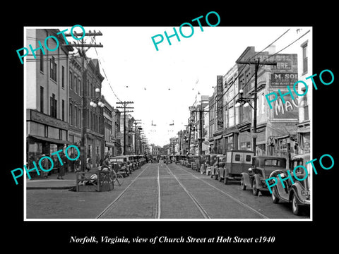 OLD LARGE HISTORIC PHOTO OF NORFOLK VIRGINIA, VIEW OF CHURCH ST & STORES c1940 2