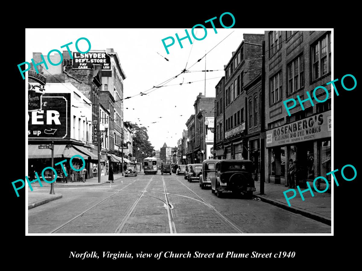 OLD LARGE HISTORIC PHOTO OF NORFOLK VIRGINIA, VIEW OF CHURCH ST & STORES c1940 5