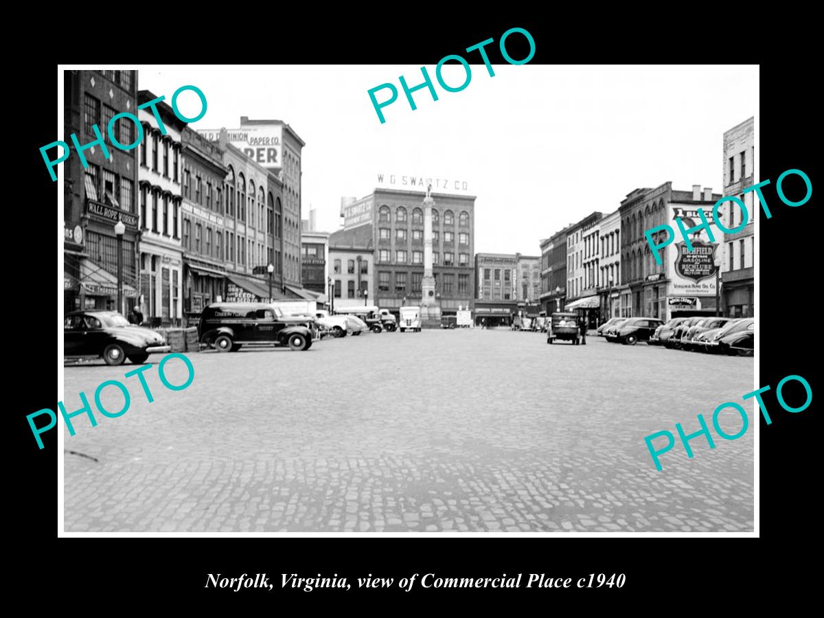 OLD LARGE HISTORIC PHOTO OF NORFOLK VIRGINIA, VIEW OF COMMERCIAL PLACE c1940