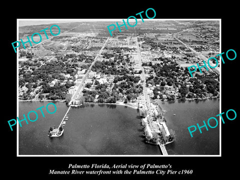 OLD LARGE HISTORIC PHOTO OF PALMETTO FLORIDA, AERIAL VIEW OF WATERFRONT c1960