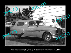 OLD LARGE HISTORIC PHOTO OF VANCOUVER WASHINGTON, THE CITY AMBULANCE CAR c1940