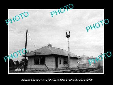 OLD LARGE HISTORIC PHOTO OF ALMENA KANSAS, THE ROCK ISLAND RAILROAD DEPOT c1950