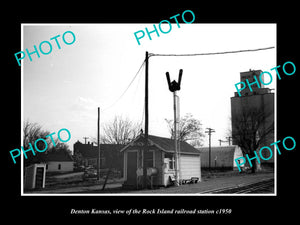 OLD LARGE HISTORIC PHOTO OF DENTON KANSAS, THE ROCK ISLAND RAILROAD DEPOT c1950