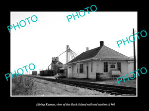 OLD LARGE HISTORIC PHOTO OF ELBING KANSAS, THE ROCK ISLAND RAILROAD DEPOT c1960