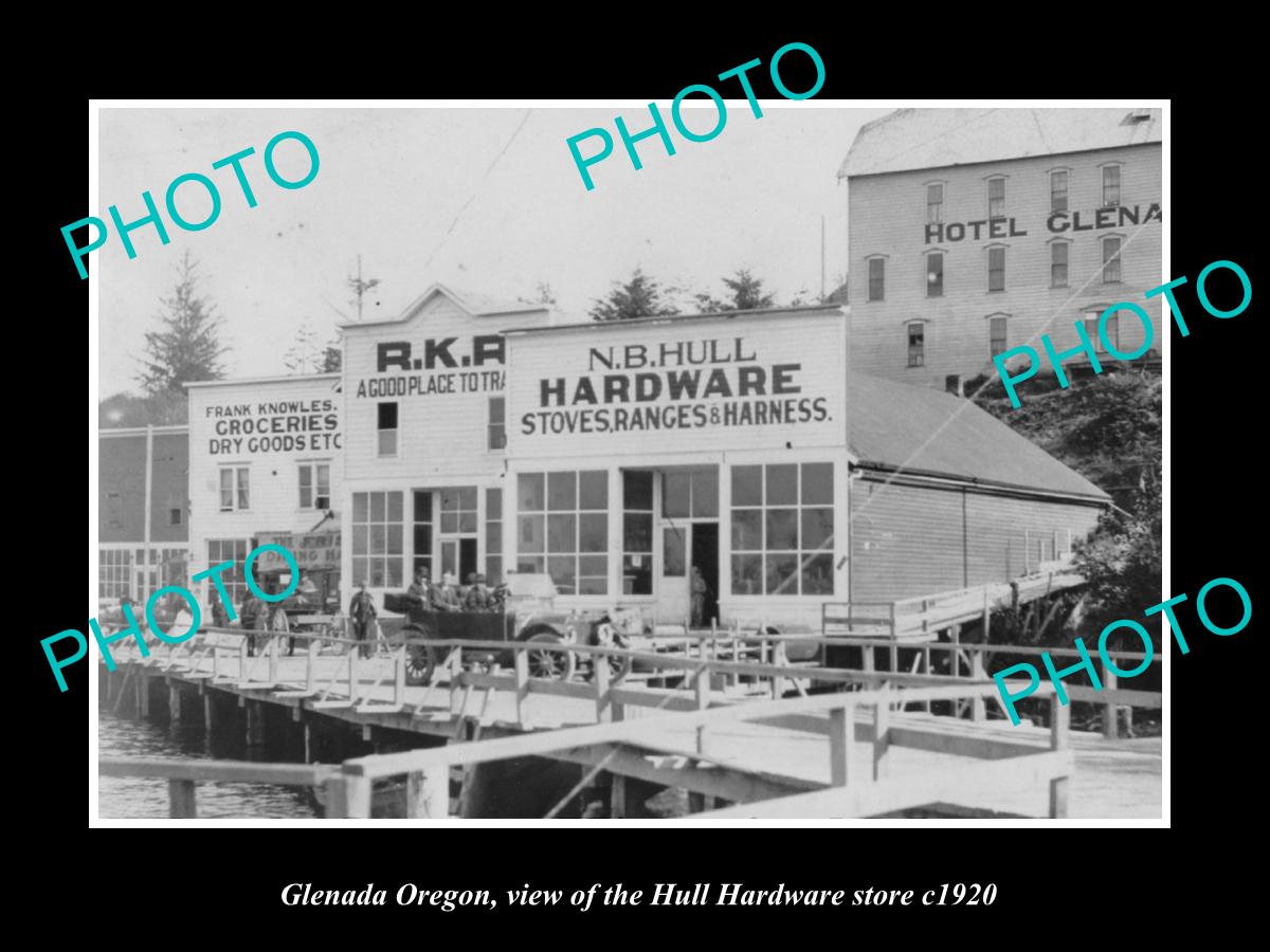 OLD LARGE HISTORIC PHOTO OF GLENADA OREGON, VIEW OF THE HULL HARDWARE STORE 1920