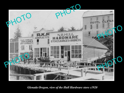 OLD LARGE HISTORIC PHOTO OF GLENADA OREGON, VIEW OF THE HULL HARDWARE STORE 1920