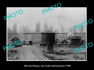 OLD LARGE HISTORIC PHOTO OF MARCOLA OREGON, THE RAILROAD DEPOT STATION c1900