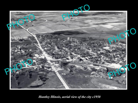 OLD LARGE HISTORIC PHOTO OF HUNTLEY ILLINOIS, AERIAL VIEW OF THE CITY c1950