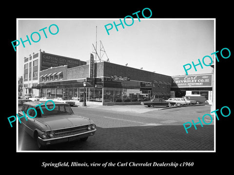 OLD LARGE HISTORIC PHOTO OF SPRINGFIELD ILLINOIS CARL CHEVROLET DEALERSHIP c1960