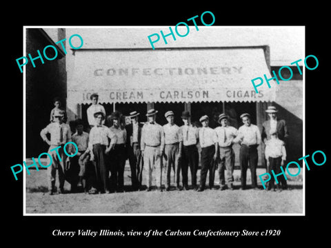 OLD LARGE HISTORIC PHOTO OF CHERRY VALLEY ILLINOIS, THE CARLSON CANDY STORE 1920