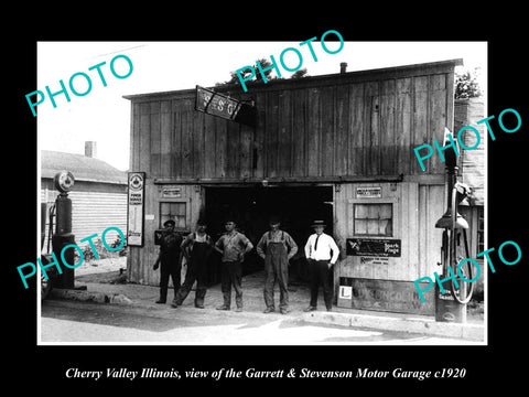 OLD LARGE HISTORIC PHOTO OF CHERRY VALLEY ILLINOIS, THE G/S MOTOR GARAGE c1920