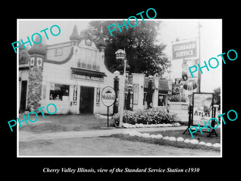 OLD LARGE HISTORIC PHOTO OF CHERRY VALLEY ILLINOIS, THE STANDARD GAS STATIO 1930