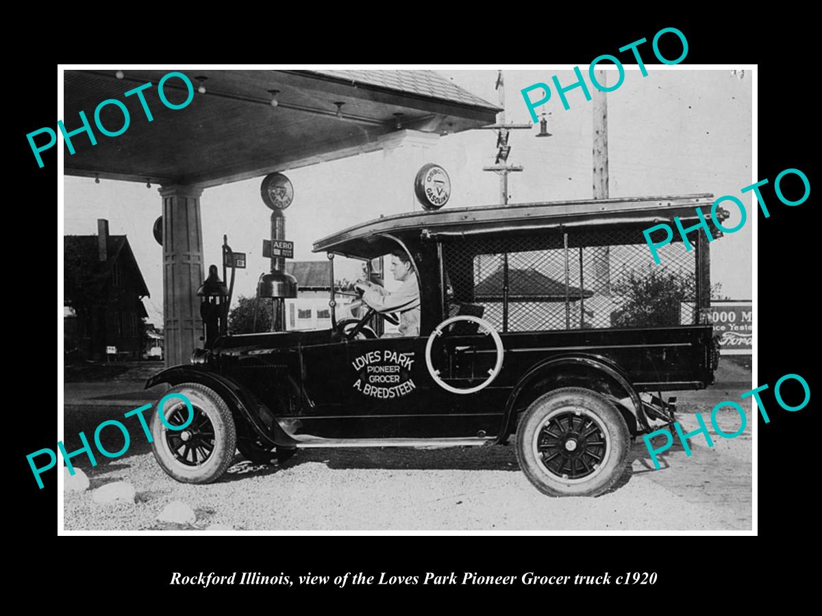 OLD LARGE HISTORIC PHOTO OF ROCKFORD ILLINOIS, THE LOVES PARK GROCER TRUCK c1920