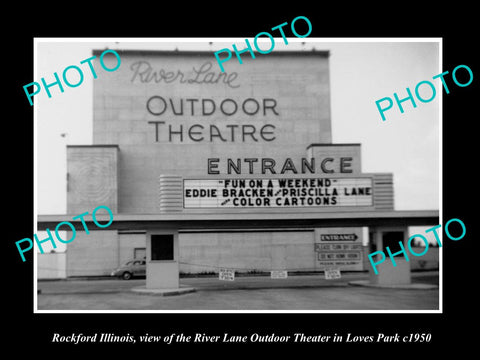 OLD LARGE HISTORIC PHOTO OF ROCKFORD ILLINOIS, THE LOVES PARK O/D THEATER c1950