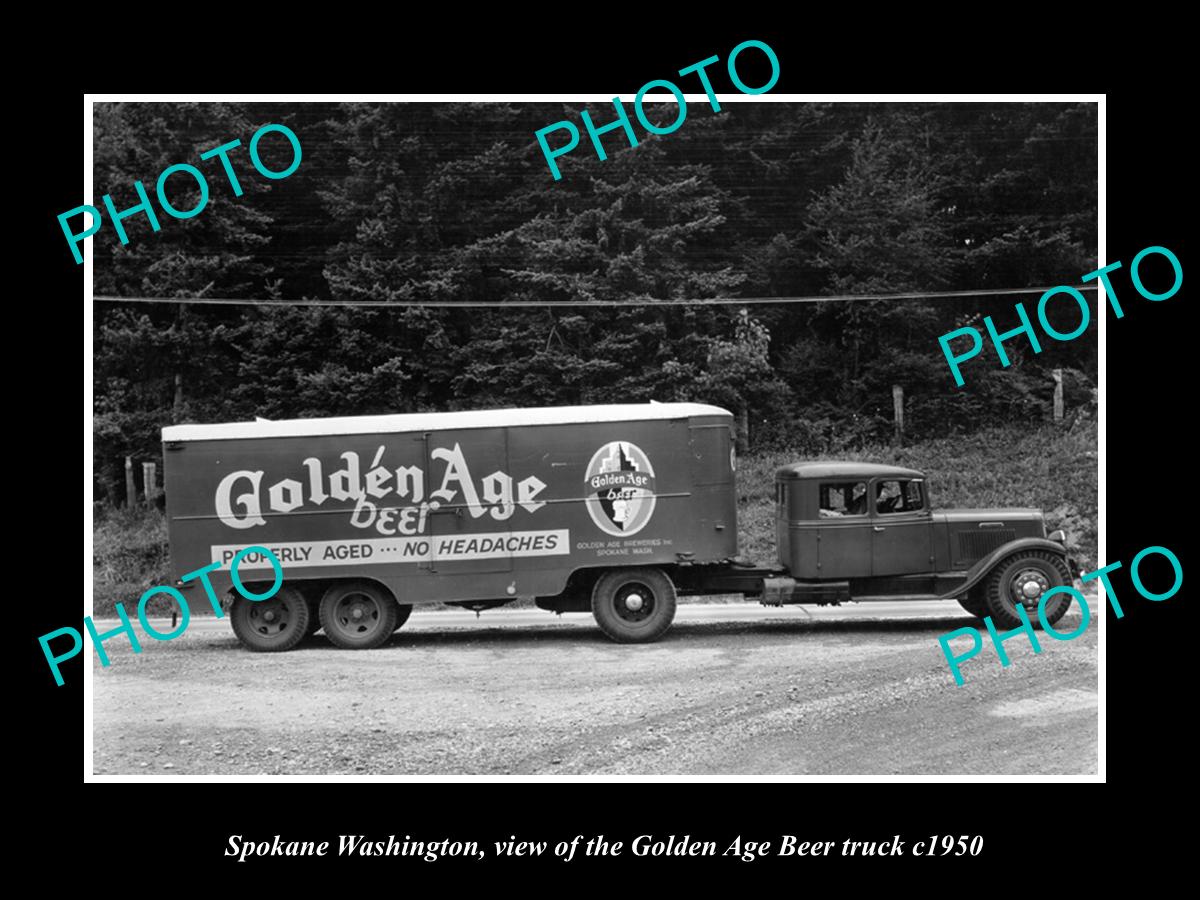 OLD LARGE HISTORIC PHOTO OF SPOKANE WASHINGTON, THE GOLD AGE BEER TRUCK c1950