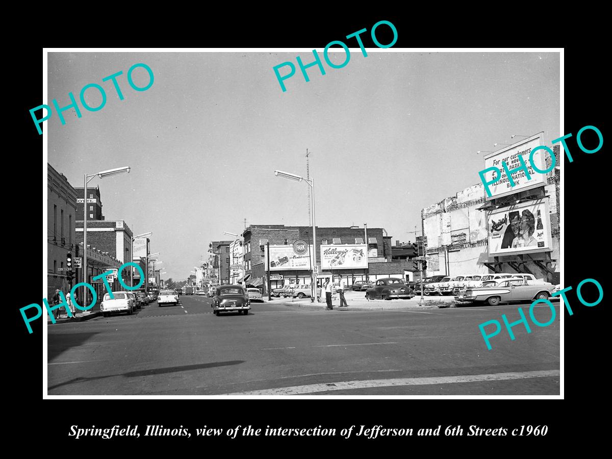 OLD LARGE HISTORIC PHOTO OF SPRINGFIELD ILLINOIS, JEFFERSON & 6th STREETS c1960