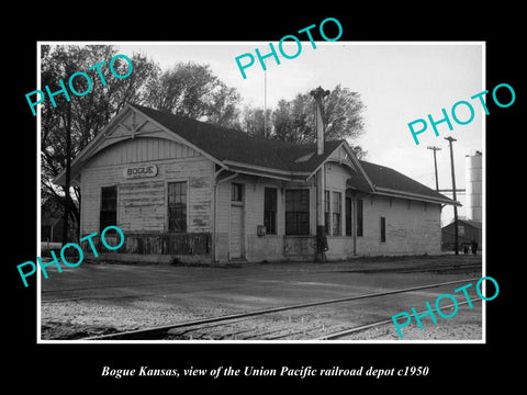 OLD LARGE HISTORIC PHOTO OF BOGUE KANSAS, THE UNION RAILROAD DEPOT c1950