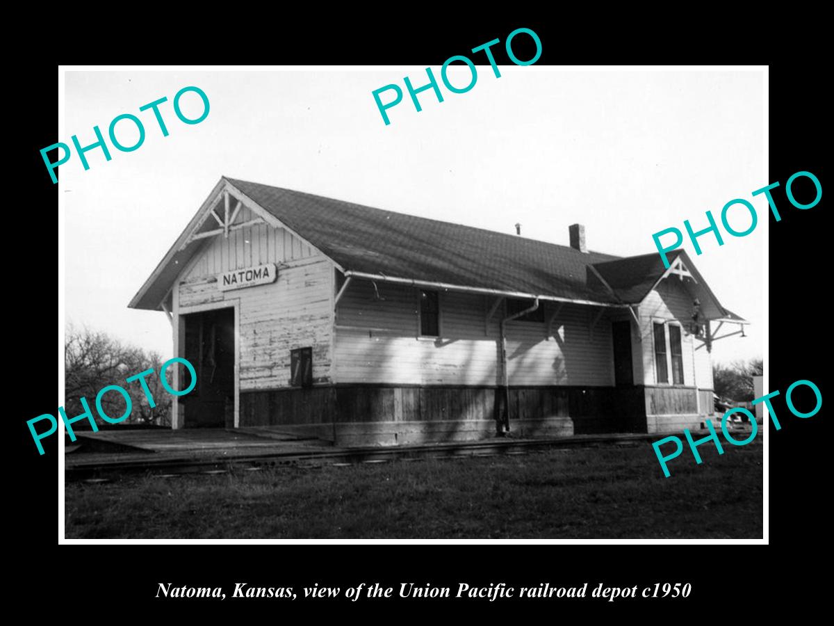 OLD LARGE HISTORIC PHOTO OF NATOMA KANSAS, THE UNION RAILROAD DEPOT c1950