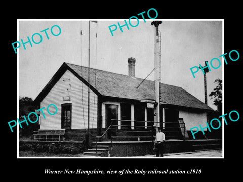 OLD LARGE HISTORIC PHOTO OF WARNER NEW HAMPSHIRE, THE ROBY RAILROAD DEPOT c1910