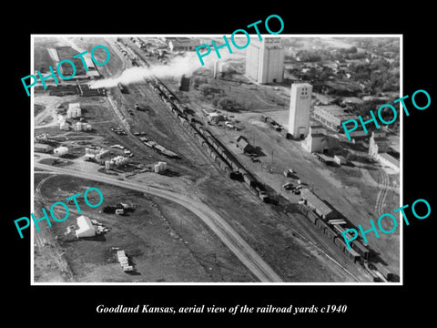 OLD LARGE HISTORIC PHOTO OF GOODLAND KANSAS, AERIAL VIEW OF THE RAILROAD c1940