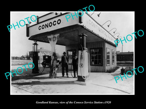 OLD LARGE HISTORIC PHOTO OF GOODLAND KANSAS, THE CONOCO SERVICE STATION c1920