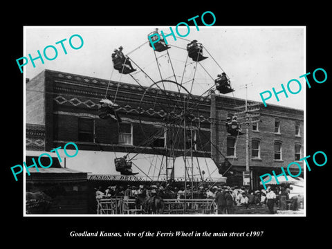 OLD LARGE HISTORIC PHOTO OF GOODLAND KANSAS, THE FERRIS WHEEL ON MAIN St c1907