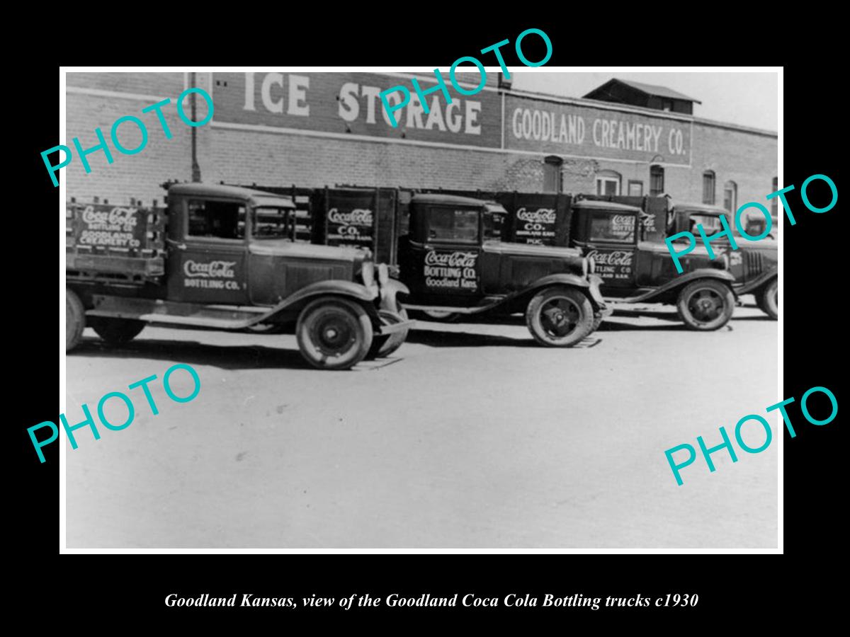 OLD LARGE HISTORIC PHOTO OF GOODLAND KANSAS, THE COCA COLA BOTTLING TRUCKS c1930