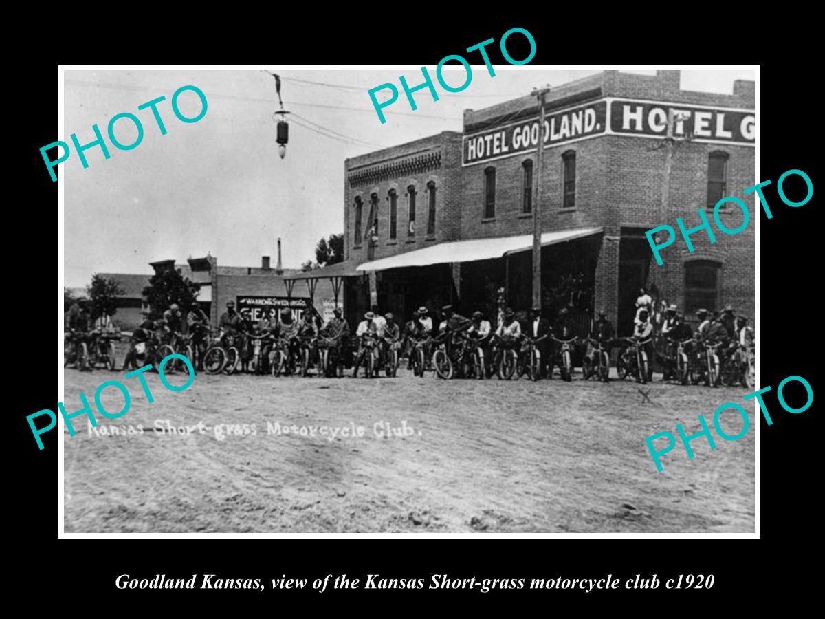 OLD LARGE HISTORIC PHOTO OF GOODLAND KANSAS, THE KANSAS S/G MOTORCYCLE CLUB 1920