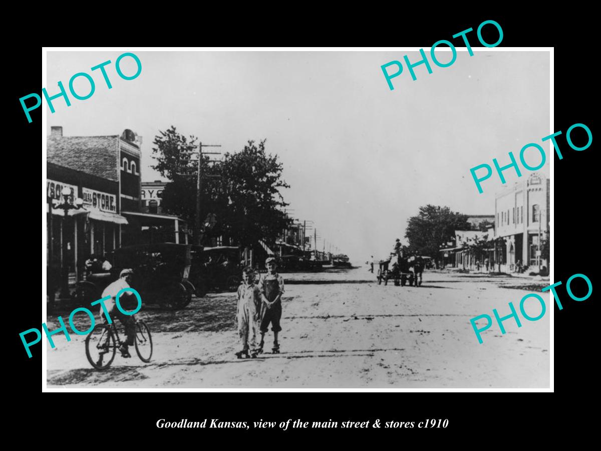 OLD LARGE HISTORIC PHOTO OF GOODLAND KANSAS, THE MAIN STREET & STORES c1910