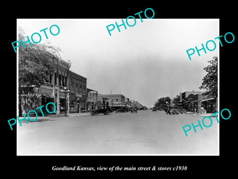 OLD LARGE HISTORIC PHOTO OF GOODLAND KANSAS, THE MAIN STREET & STORES c1930