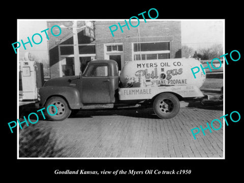 OLD LARGE HISTORIC PHOTO OF GOODLAND KANSAS, THE MYERS OIL CO TRUCK c1950