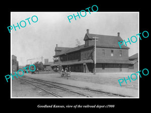 OLD LARGE HISTORIC PHOTO OF GOODLAND KANSAS, THE RAILROAD DEPOT STATION c1900