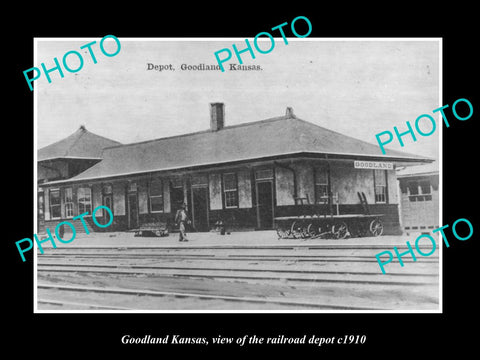 OLD LARGE HISTORIC PHOTO OF GOODLAND KANSAS, THE RAILROAD DEPOT STATION c1910