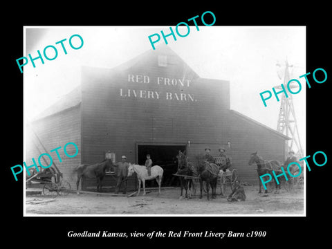 OLD LARGE HISTORIC PHOTO OF GOODLAND KANSAS, THE RED FRONT LIVERY BARN c1900