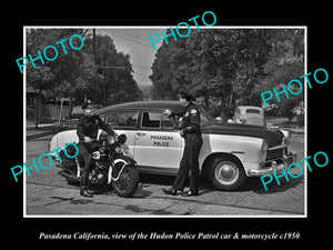 OLD LARGE HISTORIC PHOTO OF PASADENA CALIFORNIA, THE HUDSON POLICE CAR c1950