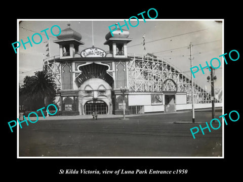 OLD LARGE HISTORIC PHOTO OF ST KILDA VICTORIA, VIEW OF LUNA PARK ENTRANCE c1950