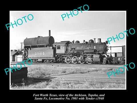 OLD LARGE HISTORIC PHOTO OF FORT WORTH TEXAS, SANTA FE RAILROAD LOCO 1901 c1940