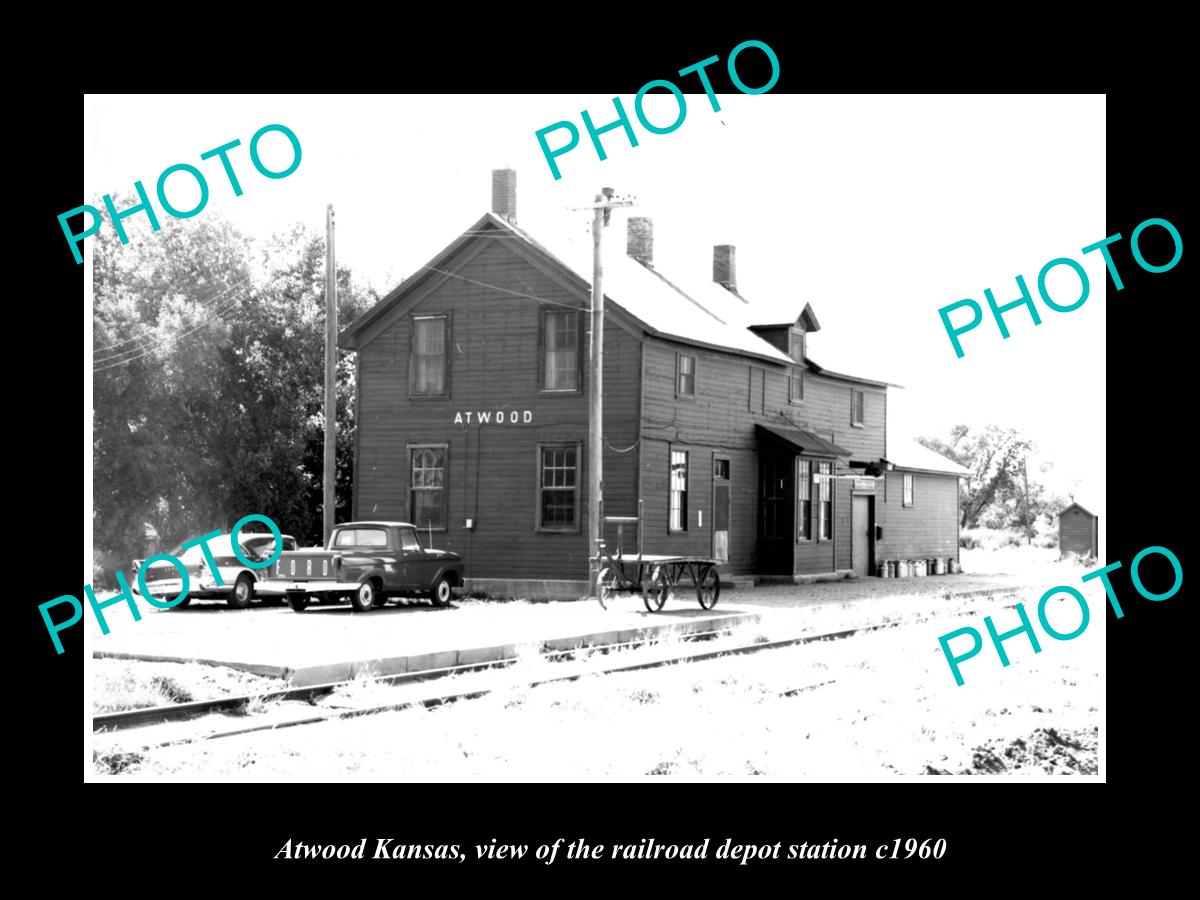 OLD LARGE HISTORIC PHOTO OF ATWOOD KANSAS, THE RAILROAD DEPOT STATION c1960