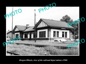 OLD LARGE HISTORIC PHOTO OF OREGON ILLINOIS, THE RAILROAD DEPOT STATION c1960